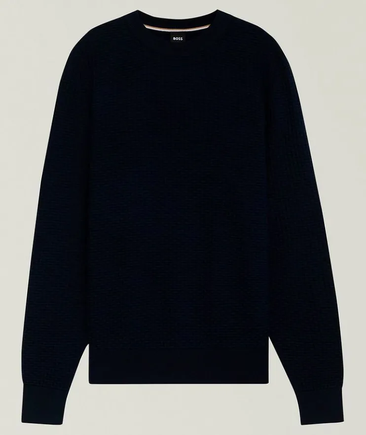 Basketweave Knit Cotton Crewneck Sweater