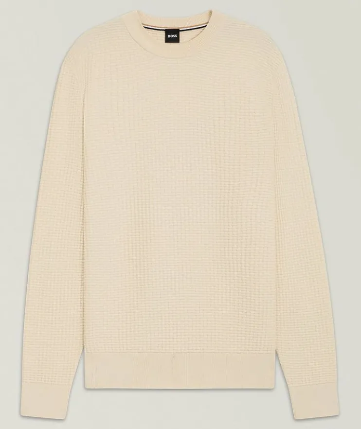 Basketweave Knit Cotton Crewneck Sweater