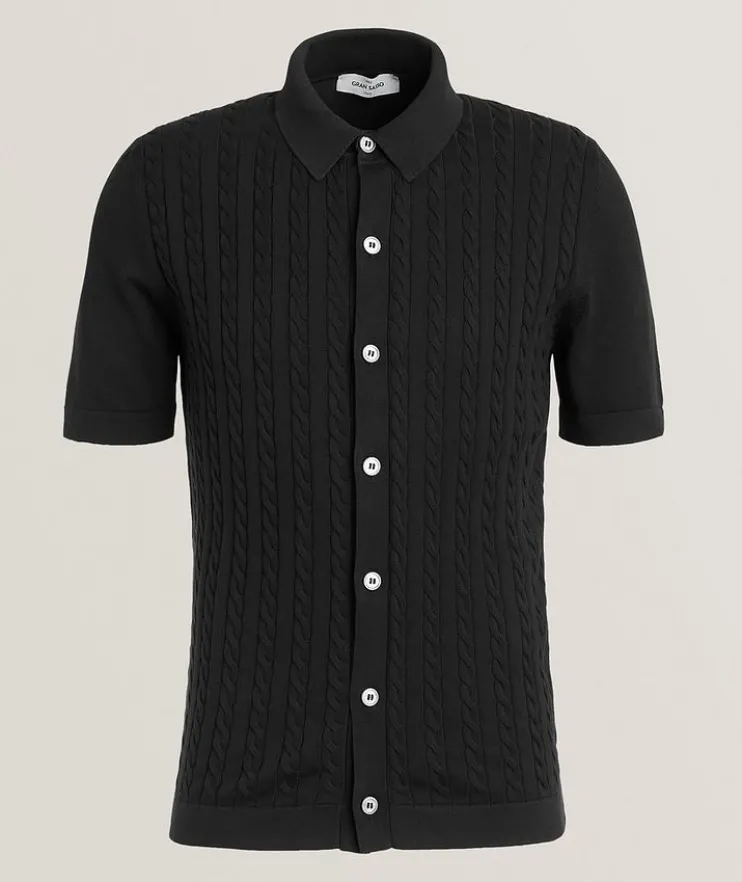 Cable Knit Full-Button Polo Shirt