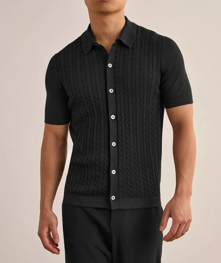 Cable Knit Full-Button Polo Shirt