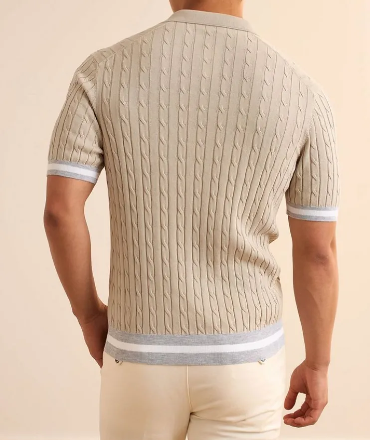 Cable-Knit Cotton Stripe-Trim Polo