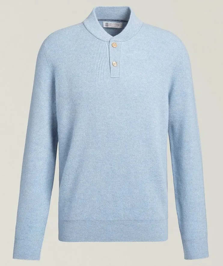 Cashmere English Rib-Knit Henley Sweater