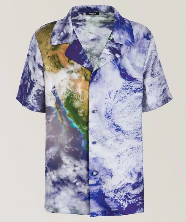 Earth-Print Silk Camp Shirt