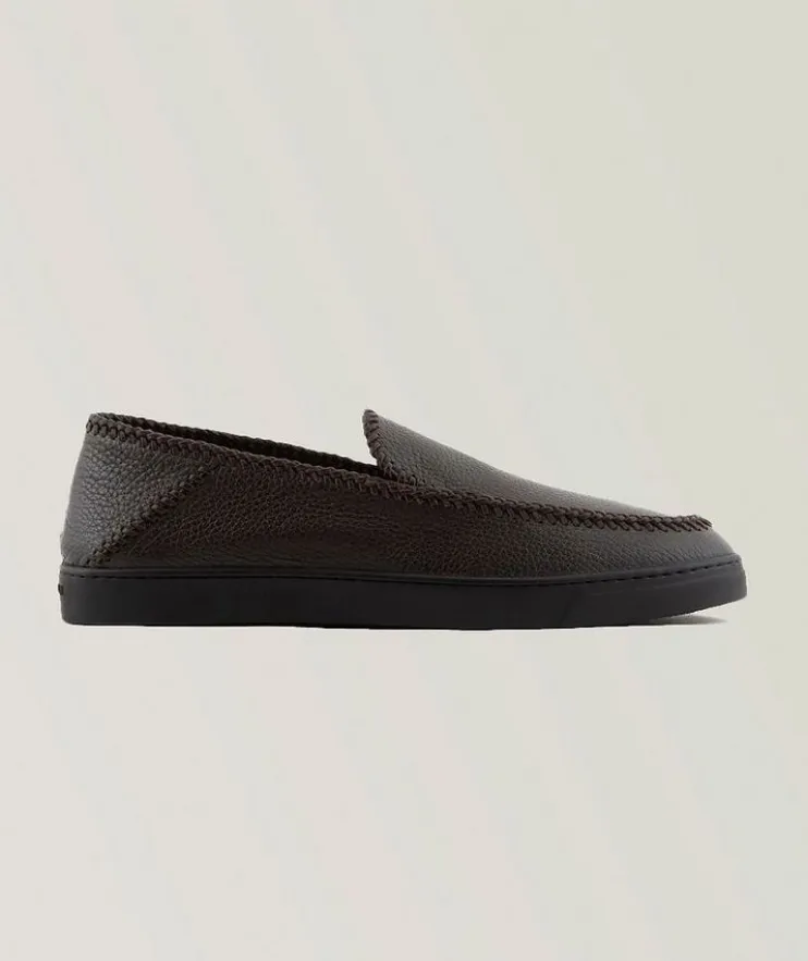 Exposed Threading Deerskin Leather Slip-Ons