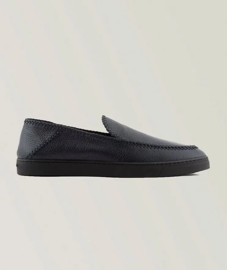 Exposed Threading Deerskin Leather Slip-Ons