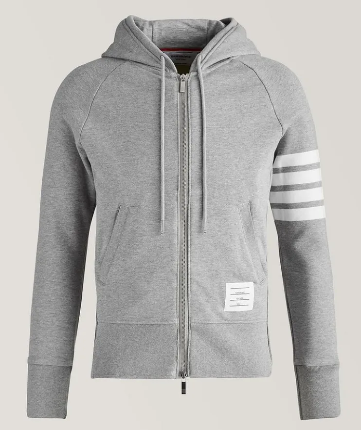 Four-Bar Stripe Zip-Up Cotton Hooded Sweater
