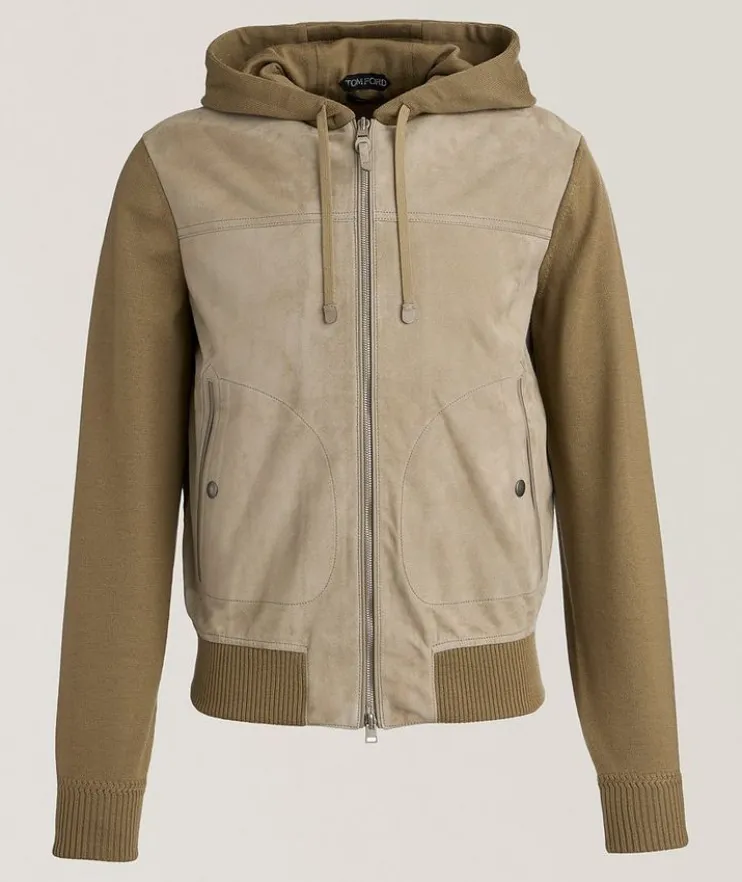 Hooded Suede-Front Zippered Cardigan