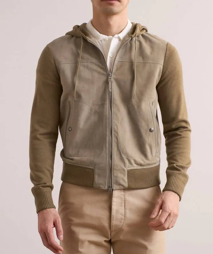Hooded Suede-Front Zippered Cardigan