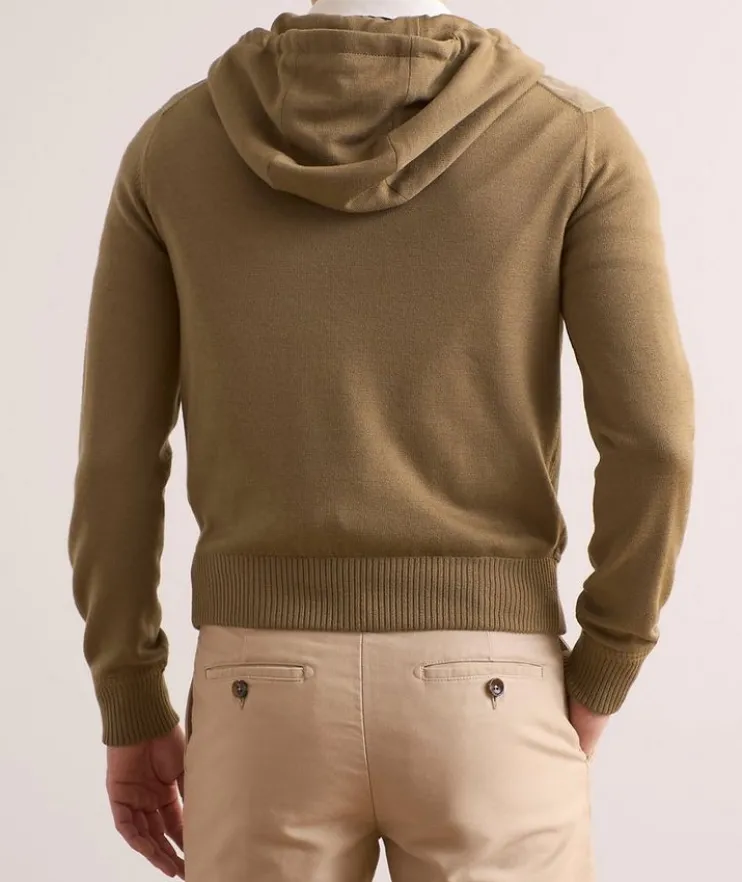 Hooded Suede-Front Zippered Cardigan