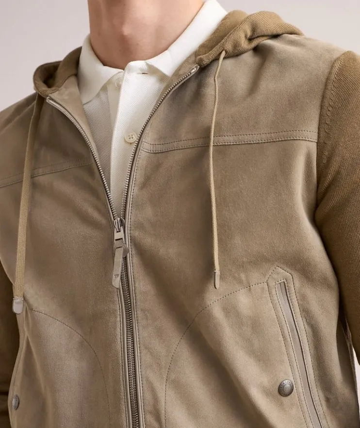 Hooded Suede-Front Zippered Cardigan