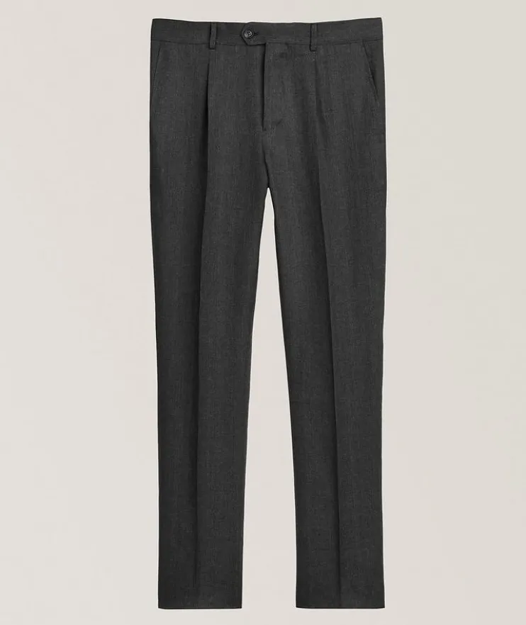 Leasure-Fit Herringbone Linen Pleated Pants