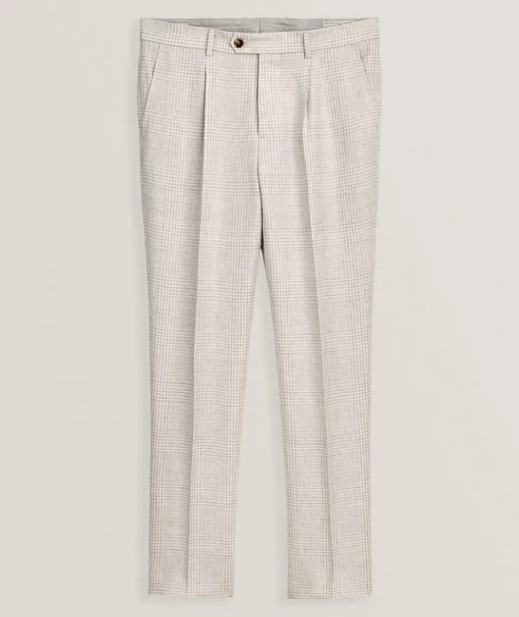 Leisure-Fit Plaid Linen-Wool-Silk Suit Pants