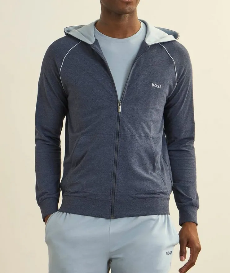 Mélange Cotton Zipper Hooded Sweater