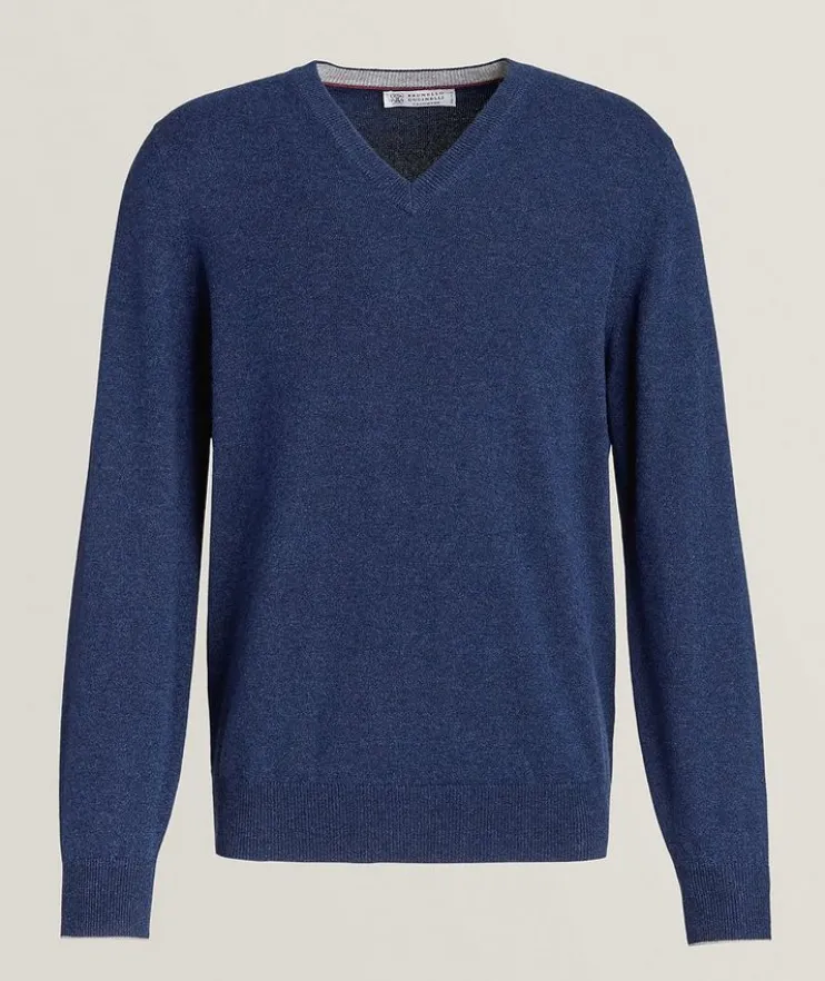 Mélange Miniature Herringbone Knit Cashmere Sweater