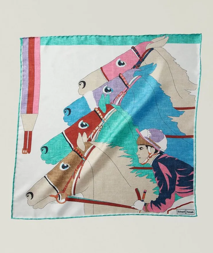 Multicolour Horse Print Silk Pocket Square