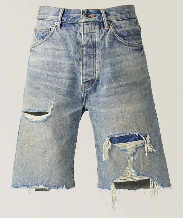 P059 Distressed Patch Denim Shorts