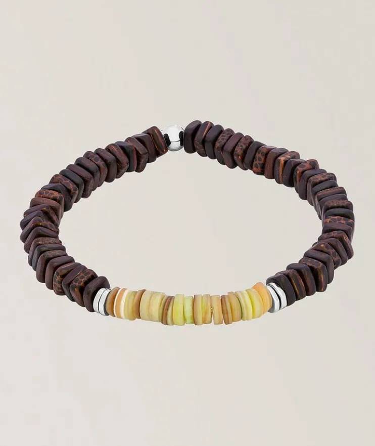 Polished Sterling Silver Wood-Shell Disc Bracelet