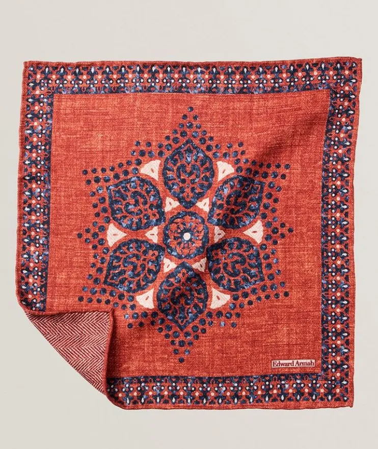 Reversible Floral-Herringbone Silk Pocket Square