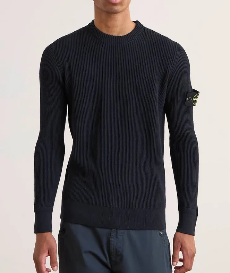 Ribbed Knit Wool Crewneck Sweater