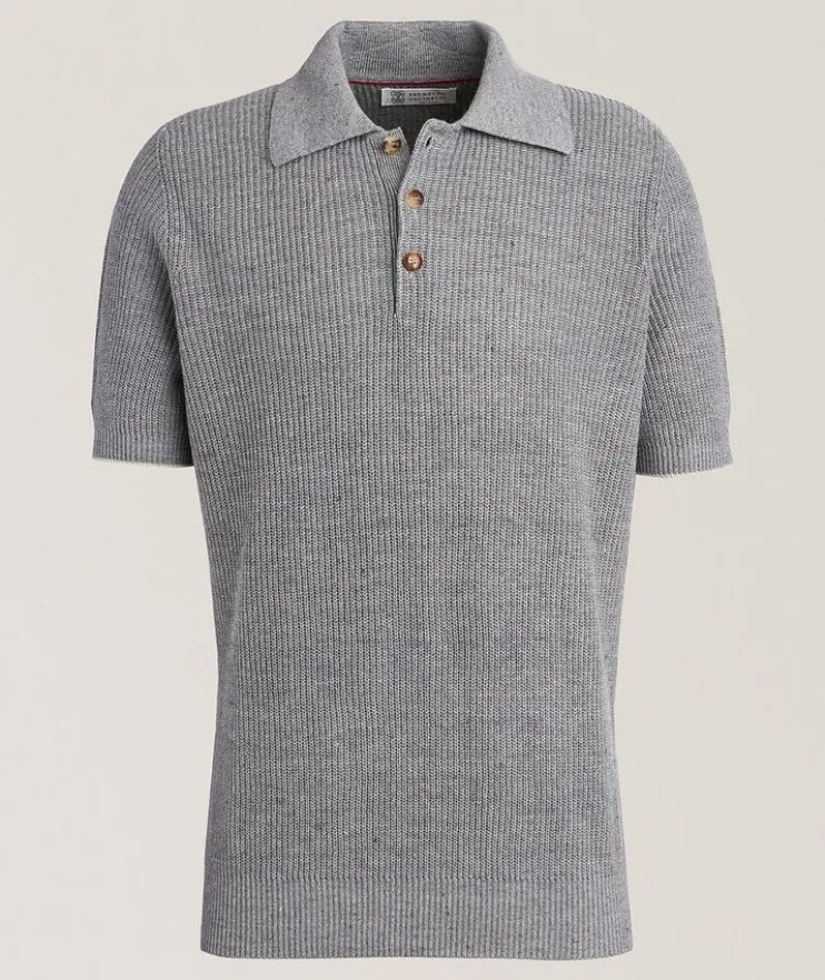 Ribbed Linen-Cotton Polo Sweater