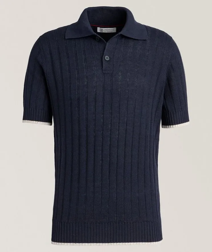 Ribbed Linen-Cotton Knit Polo