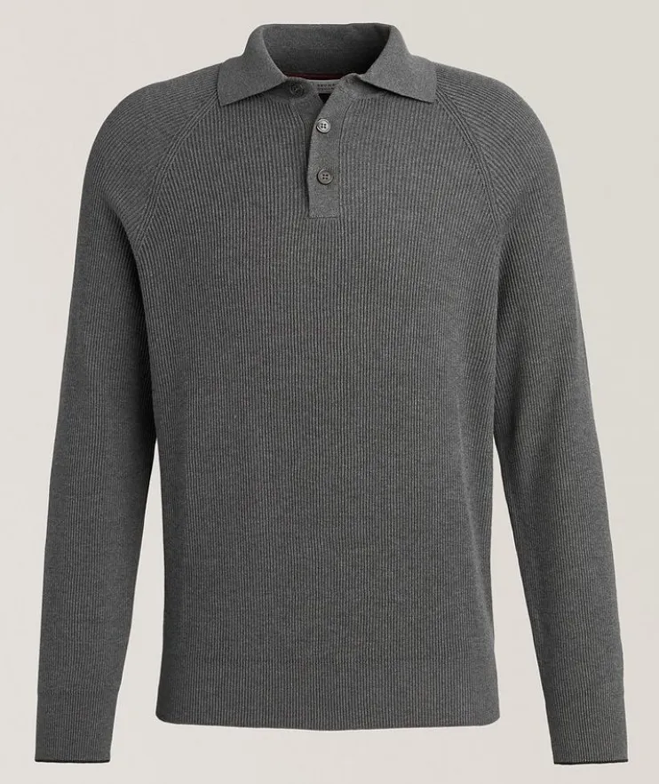 Ribbed Raglan Cotton Polo Sweater