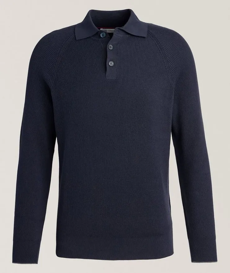 Ribbed Raglan Cotton Polo Sweater