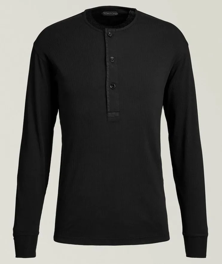 Ribbed Stretch-Cotton Henley Sweater