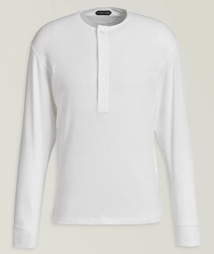 Ribbed Stretch-Cotton Henley Sweater