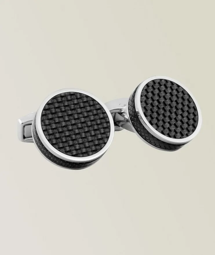 Round Rhodium Carbon Tablet Cufflinks
