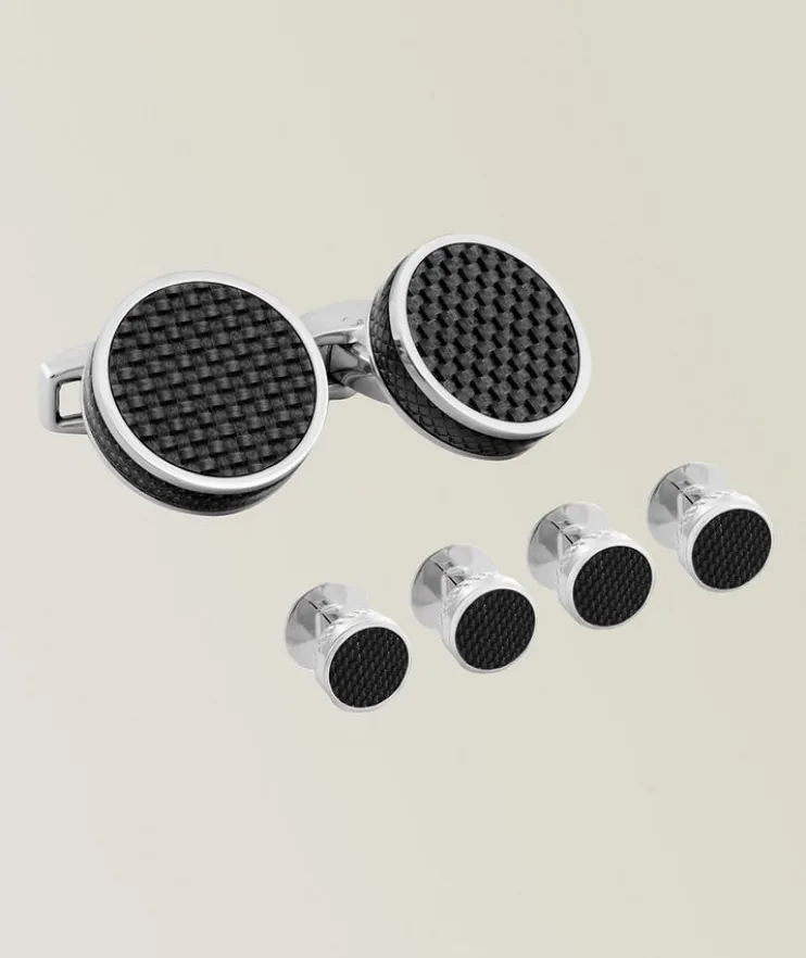 Round Rhodium Carbon Fibre Stud Set