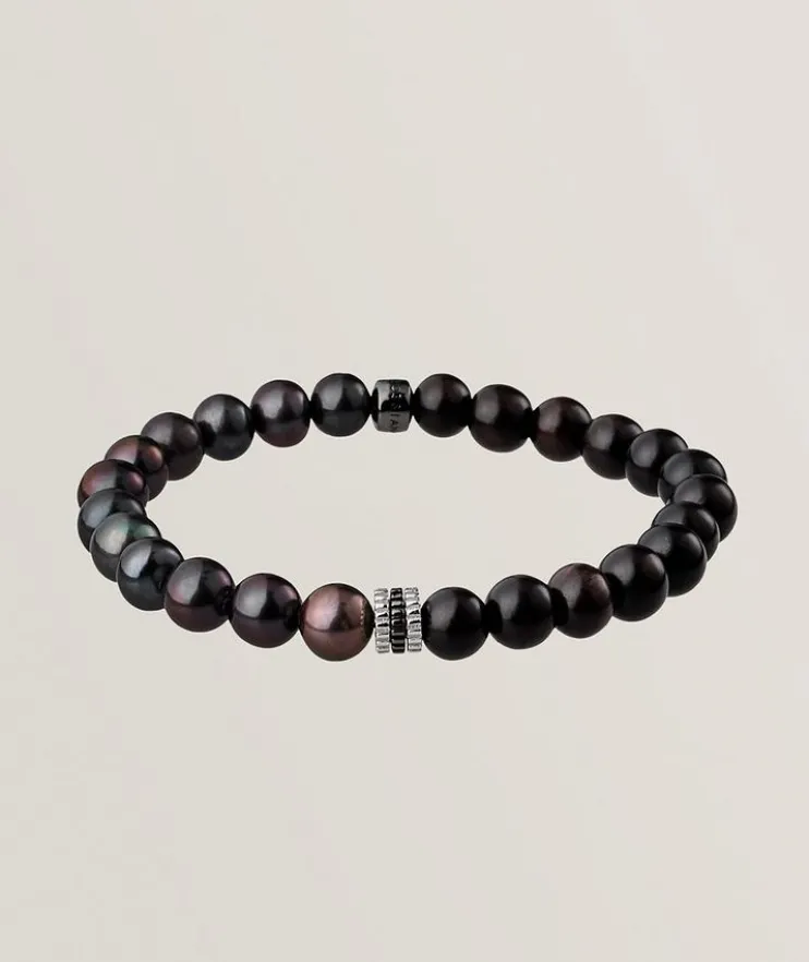 Semi-Precious Wood-Bead Pearl Bracelet