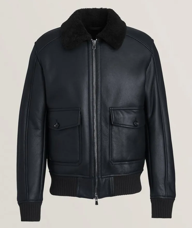 Shearling Collar Lambskin Leather Flight Jacket