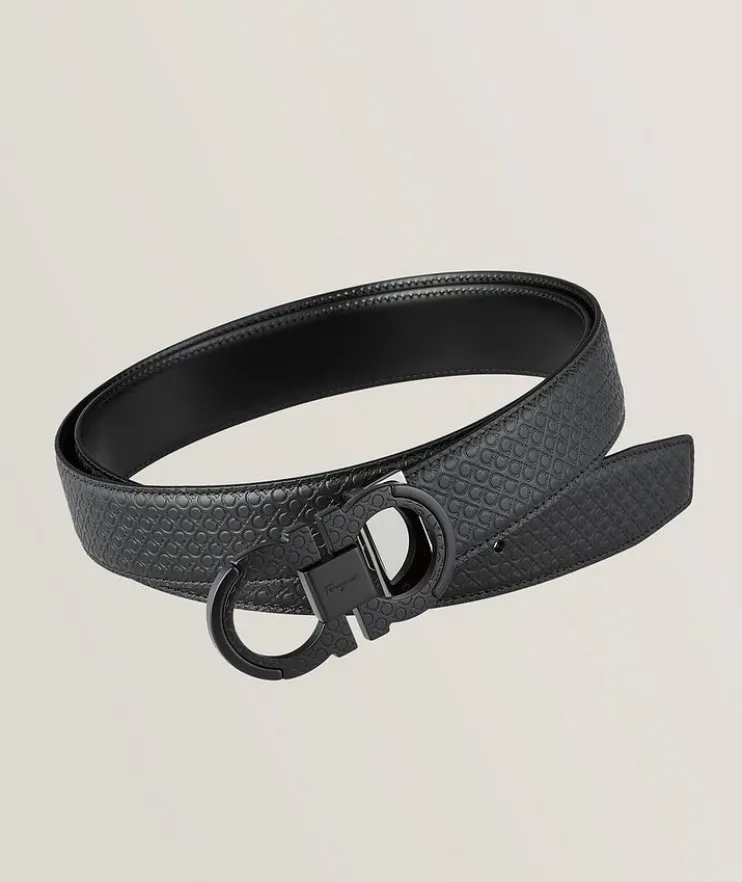Stamped Logo Pattern Double Gancini Leather Belt