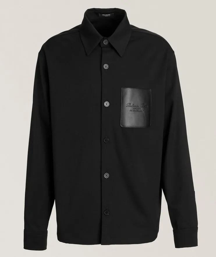 Stretch-Wool Leather Pocket Overshirt