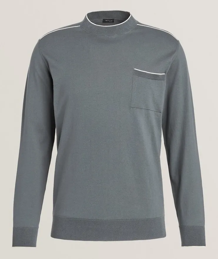 Striped Trim Cotton Crewneck Sweater