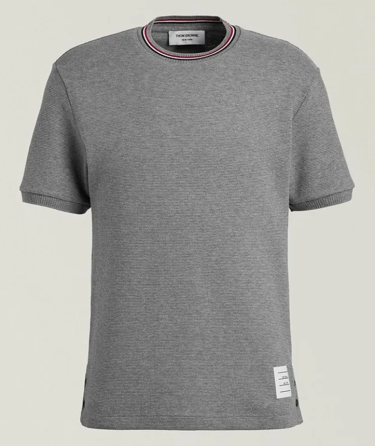 Striped Trim Cotton Waffle-Knit T-Shirt