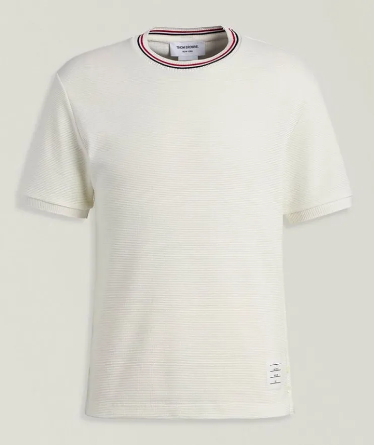 Striped Trim Cotton Waffle-Knit T-Shirt