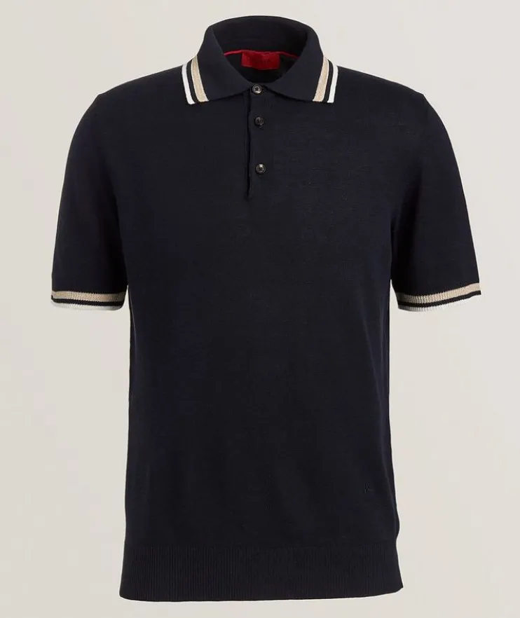 Striped Trims Silk-Linen Polo Shirt