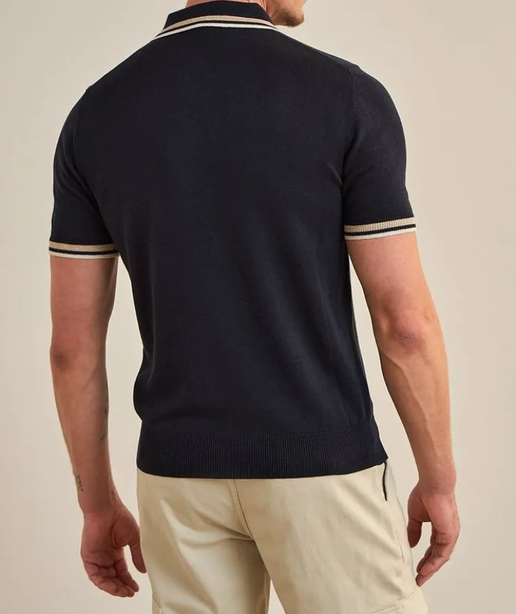 Striped Trims Silk-Linen Polo Shirt