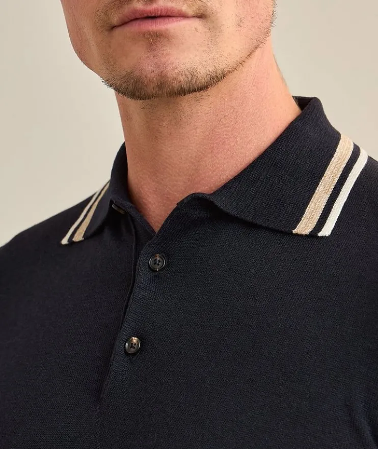 Striped Trims Silk-Linen Polo Shirt
