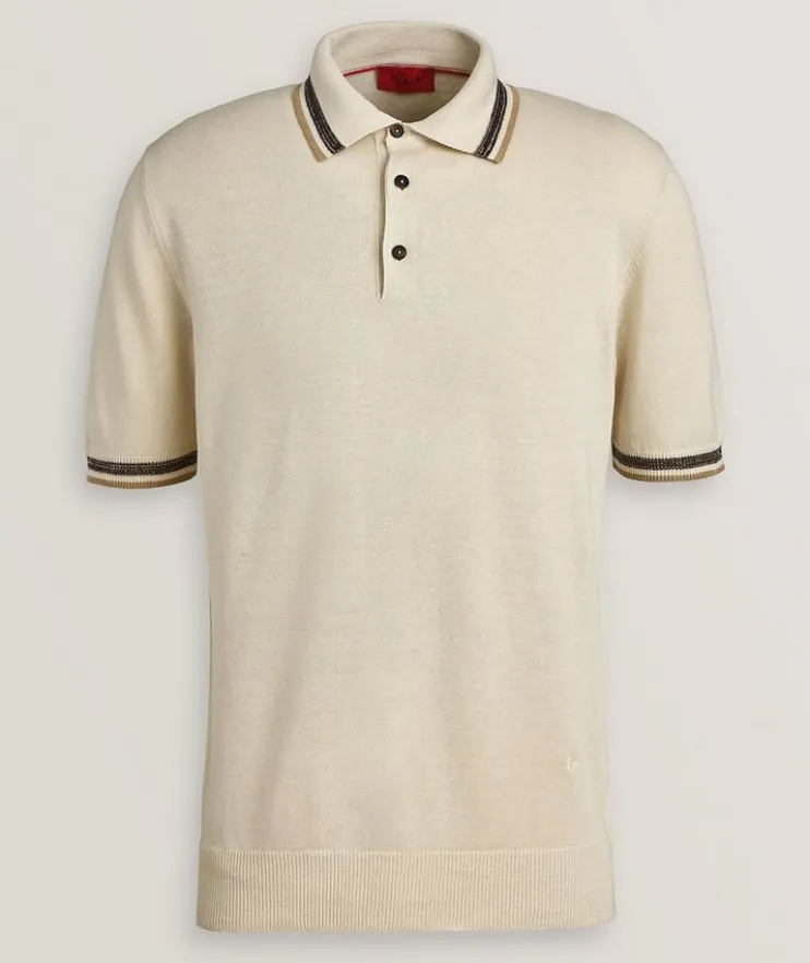 Striped Trims Silk-Linen Polo Shirt