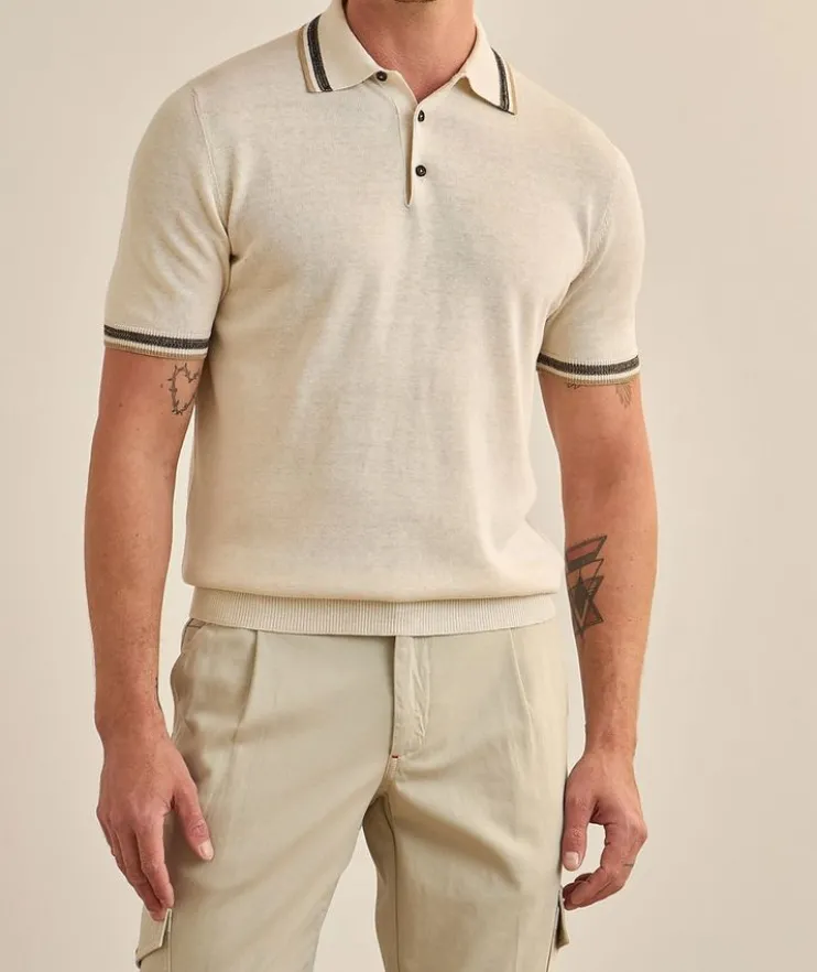 Striped Trims Silk-Linen Polo Shirt