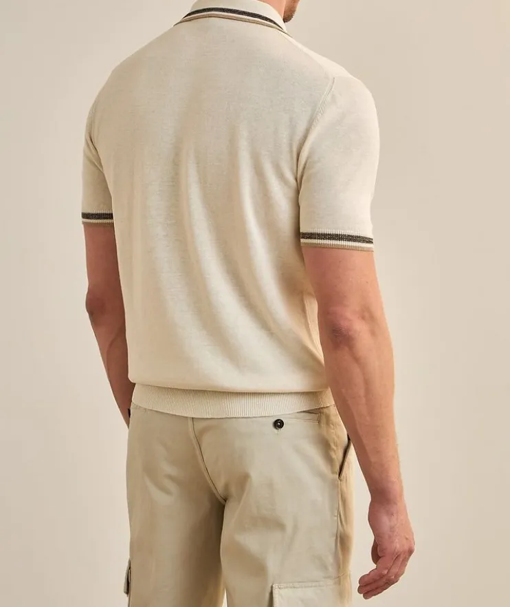 Striped Trims Silk-Linen Polo Shirt