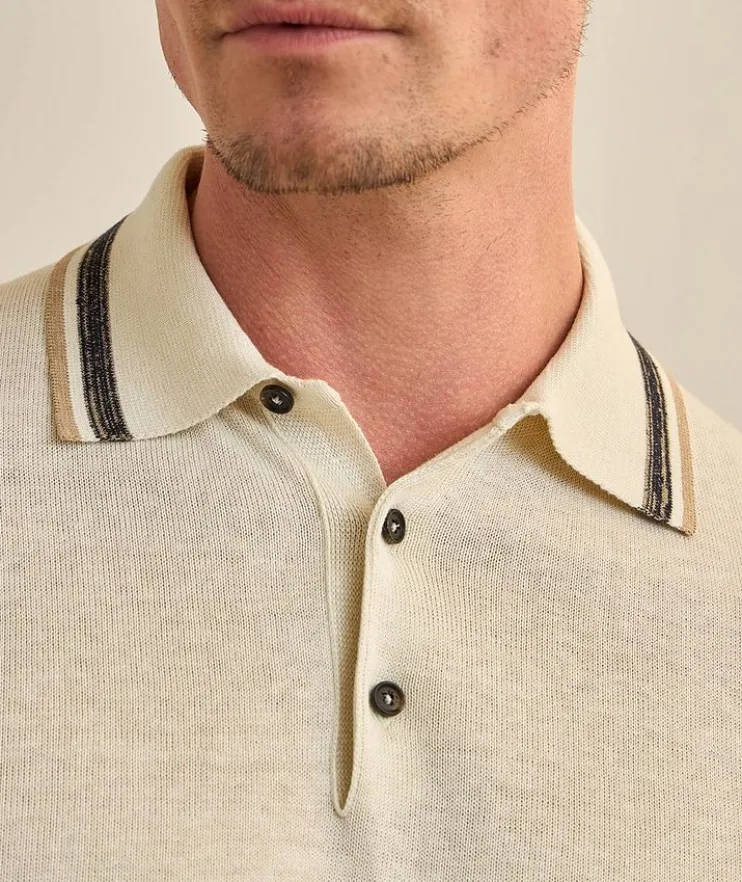 Striped Trims Silk-Linen Polo Shirt