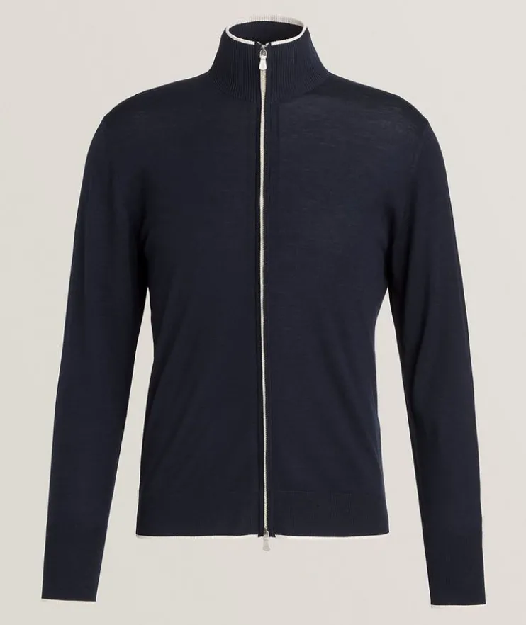 Wool Contrast Piping Zipper Cardigan