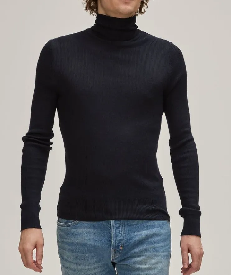 Wool, Silk & Cashmere Ribbed Turtleneck
